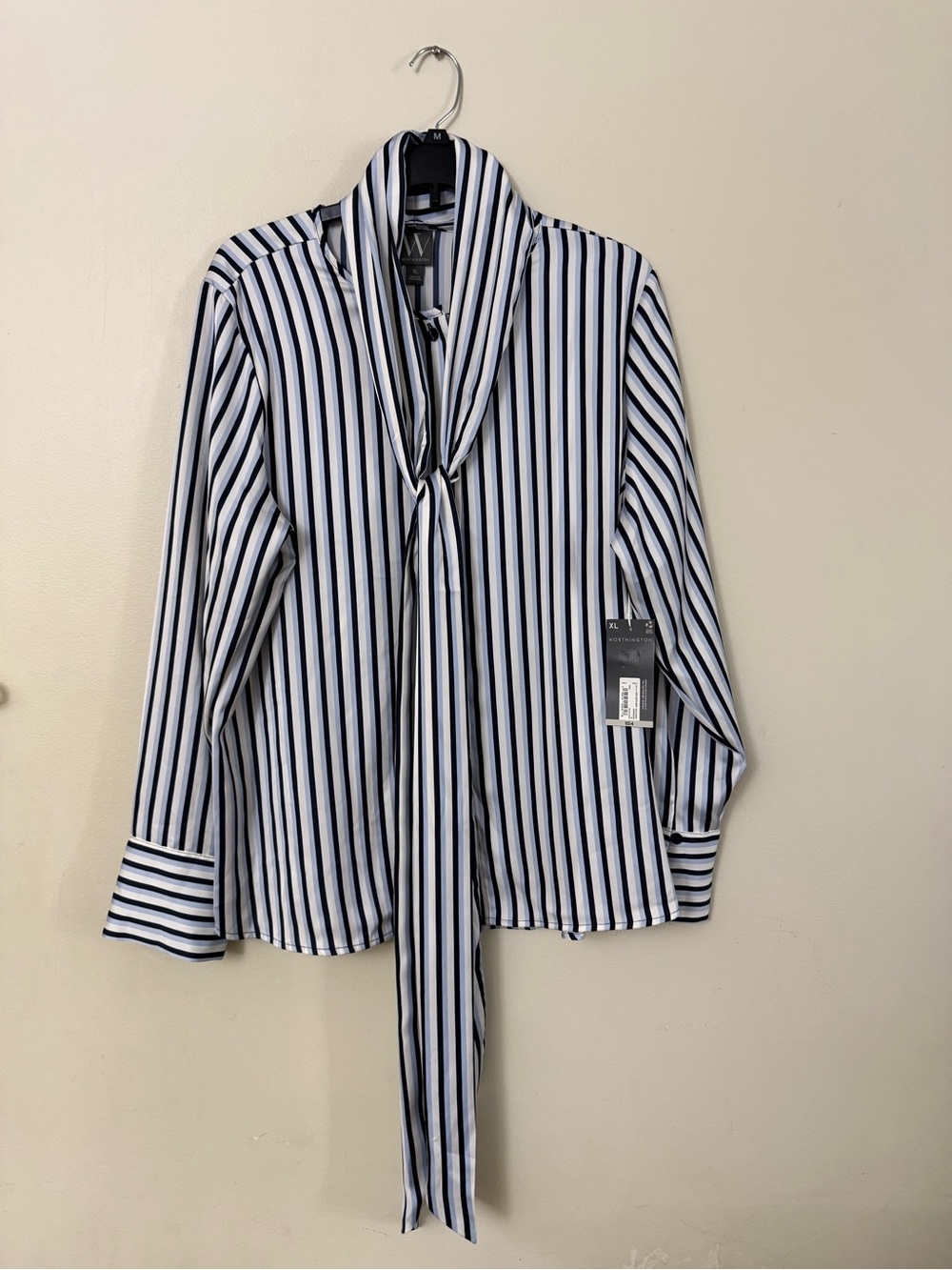 Worthington Navy and White Striped Tie-Neck Blouse